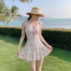 新款時尚女士泳衣韓版碎花連體裙式純欲掛脖溫泉高級感游泳裝批發, 2XL【建議120-140斤】