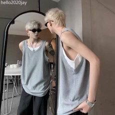 透氣華夫格假兩件背心男夏美式工字健身運動無袖t卹痞帥坎肩背心