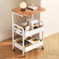 [5시건 당일배송] FOOI 바퀴달린 이동식 철재 트롤리 + 초강력 자석고리 가정용 선반 진열장 360도 회전, 원목 화이트, 3단