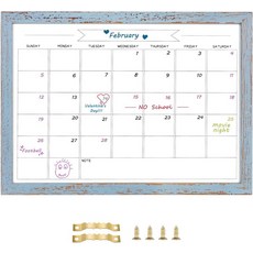 드라이 이레이즈 월간 캘린더 화이트보드 10.6 x 14.6 벽용 소형 마그네틱 사무실학교가정용 걸이 보드 단단한 소나무 나무 프레임파란색, Blue, 10.6"W x 14.6"H