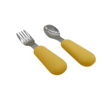 專業兒童學習湯匙 (副食品/兒童餐具), 芥末黃,叉勺組