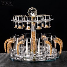 Z3JC 創意輕奢白酒杯分酒器家用高檔玻璃喝酒杯子一口杯帶刻度酒具套裝, 1個, 金箔杯10+金箔壺*10+杯架:如圖