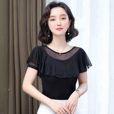 페이준 여성 심플 라운드 망사 반팔 슬림 솔리드 댄스복 공연 의상 YJ3638