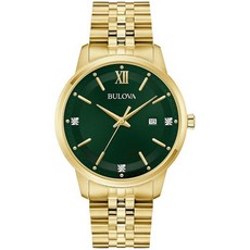 Bulova 남성용 드레스 클래식 다이아몬드 시계 3핸드 날짜 쿼츠 시계 스테인리스 스틸 팔찌 41mm 골드/그린 다이얼, Gold/ Green Dial