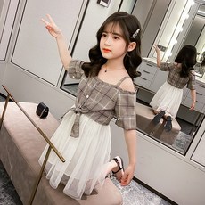 韓版吊帶格子紗裙女童童裙，夏款露肩連身裙，中大童兒童洋裝