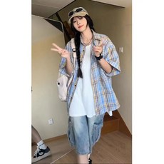 여름 블루옐로우 체크 셔츠 빅사이즈 반팔 셔츠 커플룩 중성피감 어워매치 상의