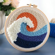 戳戳繡手工DIY材料包，毛線刺繡，搓搓繡, 【海浪】送繡繃+木支架,可調節戳針+視頻教學【推薦】, 1個