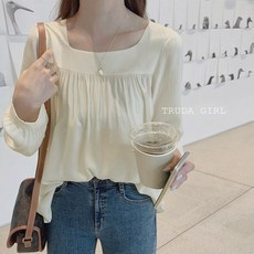 TRUDA GIRL 小春日和 微透雪紡 娃娃衫 方領 抓皺 泡泡袖 寬鬆 長袖上衣