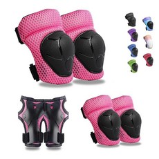 GEQID 아동용 무릎 패드 팔꿈치 패드 손목 가드 세트 만 4-6-12세 남아 여아 롤러 스케이팅 스쿠터 스케이트보드 자전거용 보호 장비 (핑크 프리 사이즈 (만 4-12, 핑크, 1개