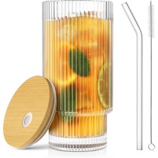 뚜껑과 빨대가 있는 CWHHRN 16 OZ 유리컵 위스키 칵테일 맥주용 빈티지 립 유리웨어 뚜껑이 스 커피 컵 빨대와 유리 텀블러1팩, 1 Glass + Straw