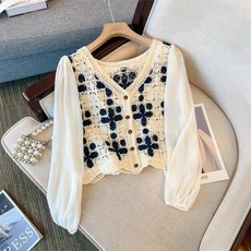 CHILL 韓系花朵鉤針拼接雪紡上衣 女裝氣質短版罩衫 早秋復古長袖泡泡袖上衣