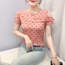 여성 라틴댄스복 어깨포인트 땡땡이무늬 반팔 방송댄스복 상의 무용복 제품 연습복 방송댄스 도트, 2.핑크 M