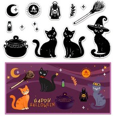ABTOLS 할로윈 검은 고양이 투명 스탬프 카드 제작 스크랩북 공예 DIY 장식 마녀 투명 실리콘 씰 스탬프 엠보싱 앨범 공예용, ABTOLS 할로윈 검은 고양이 투명 스탬프, 카드 제