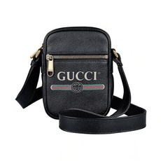 GUCCI印花LOGO綠紅綠條紋印花設計牛皮拉鍊斜背包(黑), 黑