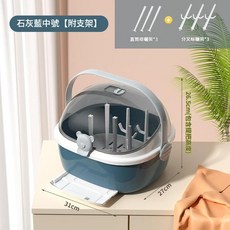 嬰兒奶瓶收納箱 寶寶餐具儲存盒 附瀝水防塵晾乾架, 活力灰藍 - 中號, 活力灰藍 - 中號