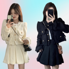 [웨일쓰]여성 라운드넥 트위드자켓 플리츠 스커트 투피스 고급 면접 하객룩 치마세트