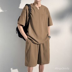 優選大尺碼男裝10公斤青年夏季新款特大碼300斤夏季透氣中國風休閒套裝男新中式V領口袋短袖T恤短褲兩件套裝