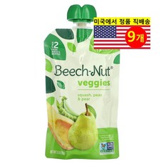 Beech-Nut 6개월 이상 유아용 맛있고 영양이 풍부한 퓌레 이유식 파우치 99g 3개, 9개, 야채 호박 완두콩 배
