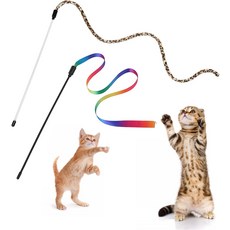 앤디커 고양이 완드 티저 2Pcs 실내 고양이용 플라스틱 무지개 인터랙티브 컬러 리본 & 레오파드 프린트 낚싯대 훈련 운동가 선물 및
