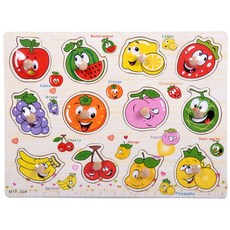 木製拼圖 木釘手抓板拼圖 動物認知 早教兒童 益智拼板 商檢合格, 1個, 水果E9K（桃子.鳳梨..）編號024