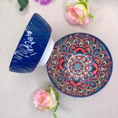 5인치 보헤미안 세라믹 그릇 디자인 꽃무늬 가능 사용 오븐 파스타에 수프 샐러드 리브드, 파란색