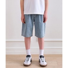 무신사 스탠다드 MUSINSA STANDARD KIDS 린넨 라이크 원 턱 와이드 밴딩 데님 쇼츠 [라이트 인디고] MKDNH5K02-LI 418546