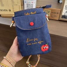 新款 ins 手機包 單肩包 零錢包 牛仔布 小挎包 刺繡 斜挎包, 刺繡蘋果-牛仔手機包