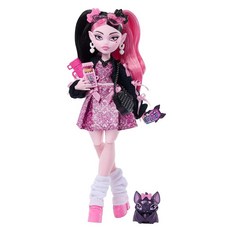 정품++ Monster High 몬스터하이 인형 드라큘라우라 핑크 리본 드레스와 블랙 카디건 반려동물 박쥐 카운트 멋지고 라멘 립스틱 지갑과 같은 7가지 액세서리, 정품++ Monster High 몬스터하이 인형, 드라