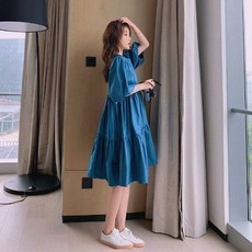 CAKHNEE 女裝大尺碼 顯瘦短袖寬鬆遮肚桔梗裙中長裙, 藍色,XL 【建議120-130斤】