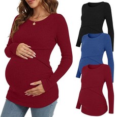 Cutecrop 3팩 여성용 임산부 상의 긴소매 임신 골지 니트 셔츠 크루넥 수유 캐주얼 모유 수유 의류 블랙 블루 와인 레드 M