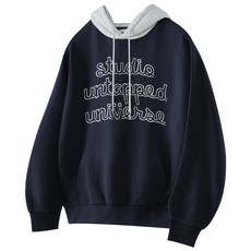 UNTAPPED STUDIO Outline lettering 그래픽 오버핏 배색 후드 티셔츠 네이비 275922