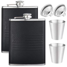 226.8g(8온스) 블랙 가죽 미국 국기 힙 플라스크 남성용 주류 스테인리스 스틸 누출 방지 분실 금속 캡 깔때기 및 미니 컵 2개 웨딩 파티 선물 야외 활동을 위한 음료, 블랙 가죽 2개 Rachan 139348 621781