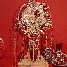 DIU 團扇新娘結婚扇材料包手工中式秀禾服喜扇婚禮感扇子, 1個, 繁花 香檳五龍款:材料包+膠水