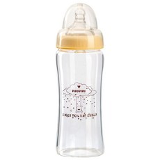 PiYOPiYO 黃色小鴨 媽咪乳感寬口徑晶鑽奶瓶, 玻璃奶瓶耐高溫不易破裂, 採用媽咪乳感奶嘴防脹氣設計, 安全無毒矽膠材質, 黃色, 280ml, 1個