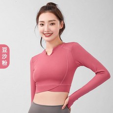 瑜伽服 緊身 長袖 健身上衣 V領露臍 無痕 顯瘦