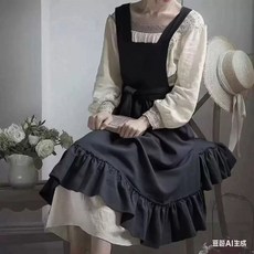 프렌치 레트로 전원풍의 예술적 감성이 있는 가정용 주방 요리용 방오 앞치마 북유럽 스타일의 단색 앞치마, 블랙