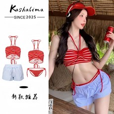 Kashalima 复古条纹比基尼三件套, XL 適合110-120斤仙女