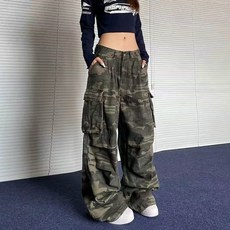 메이리앤 빈티지 카모 와이드 롱 카고팬츠 밀리터리 빅포켓 워크팬츠