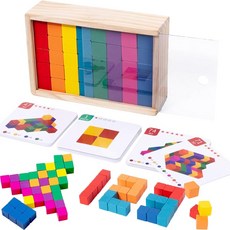 Bajoy 블록 두뇌 트레이닝·지능 발달 장난감 공간 인식 수학 스킬 입체 퍼즐 목재 장난감 80개 대용량 주제 카드 40장 목재 수납 케이스 포함 3세 이상 어린이 초등학생 성인