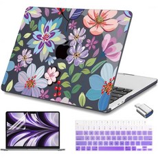 맥북 에어 M2 M3 M4 13.6 케이스 2022 2023 2024 2025 출시 A2681 A3113 A3240 투명 하드 쉘 키보드 커버 및 USB 3.0 어댑터와 화면, Pretty Flowers Black-104, 1개