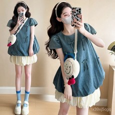 孕婦裝夏裝套裝：薄牛仔法式減齡韓版上衣+花苞褲裙，台灣出貨