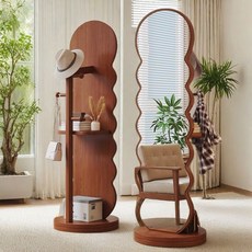 【萬事順鏡】 衣帽架 一體鏡 旋轉穿衣鏡 全身落地鏡 臥室 可移動立式試衣鏡子 置物架 異形鏡子, 暖白色,36*166