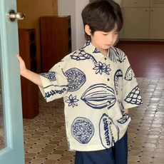 寶寶個性印花短袖襯衫兒童寬鬆薄款夏天衣服男孩襯衫 上衣