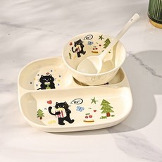 陶瓷分格餐盤 減脂早餐餐盤 家用兒童盤子套裝 月子餐盤, 1個, 黑貓5件套托盤+3格方盤+碗+杯+米勺