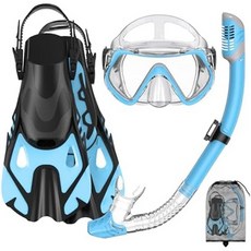 성인용 스노클링 장비 세트 - 드라이 탑 스노클 세트 파노라마 김 서림 방지 마스크 조절 가능한 수영 오리발 - 여행용 다이빙 키트 보관 가방 포함, Blue