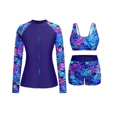 Holipick 여성용 긴소매 수영복 - 3피스 래쉬가드 반바지 지퍼 SPF 수영 셔츠 내장 브라 포함 그린 스트라이프 S 154761