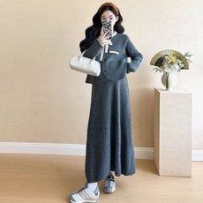 임산부 니트 세트 가을 겨울 캐주얼 숏 니트 스웨터 + 하이웨이스트 롱 치마 상하의 투피스 기질 임부 투피스 세트 CY