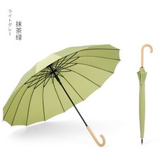 긴 손잡이 우산 나무 일자형 비와 햇빛 차단 순색 신선한 스타일 2인용, 나무 곡선 손잡이 16본 말차 그린