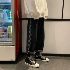 外貿褲男港風復古格子寬鬆百搭直筒墜感闊腿褲男學生卷邊潮流褲子