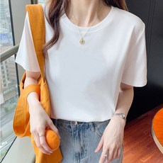 여성용 여름 신상품 루즈핏 순면 반팔 티셔츠 어깨 라인 디자인의 상의 라운드넥 스웨트셔츠 봄/가을용.